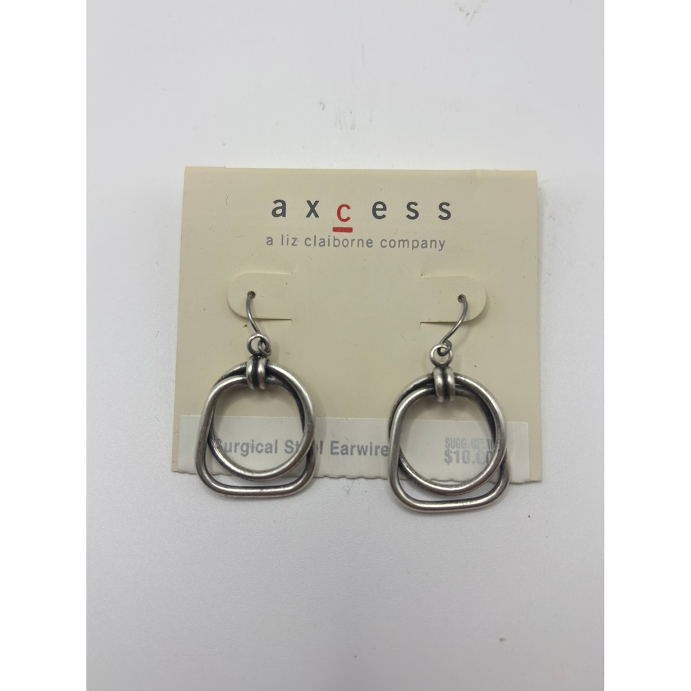 Axcess Liz Claiborne Silver Tone Geometric Double Ring Drop Earrings New‎